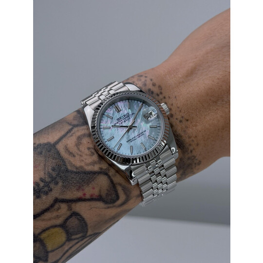 Custom Seiko Mod • Ice Blue MOP Datejust on Pull Buckle Double Endlink Jubilee • 36mm